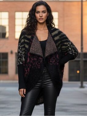 NWT Max Sport LA S/M Mixed Animal Print Fuzzy Draped Cardigan Goth Glam Boho